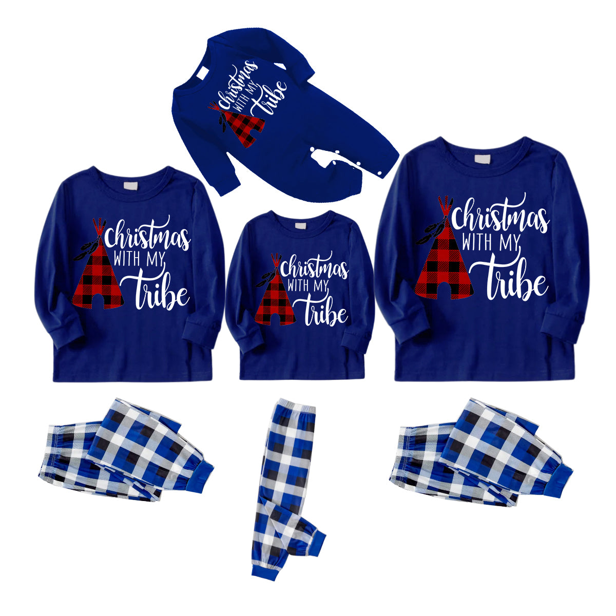 "Christmas With My Tribe"  Pattern Blue Long Sleeves with Blue&White&Black Plaid Pants Family Matching Pajamas