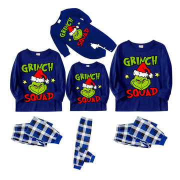 Cute Cartoon and Funny Christmas Slogan Print Contrast Blue Long Sleeve with Blue and White Plaid Pants Family Matching Pajamas