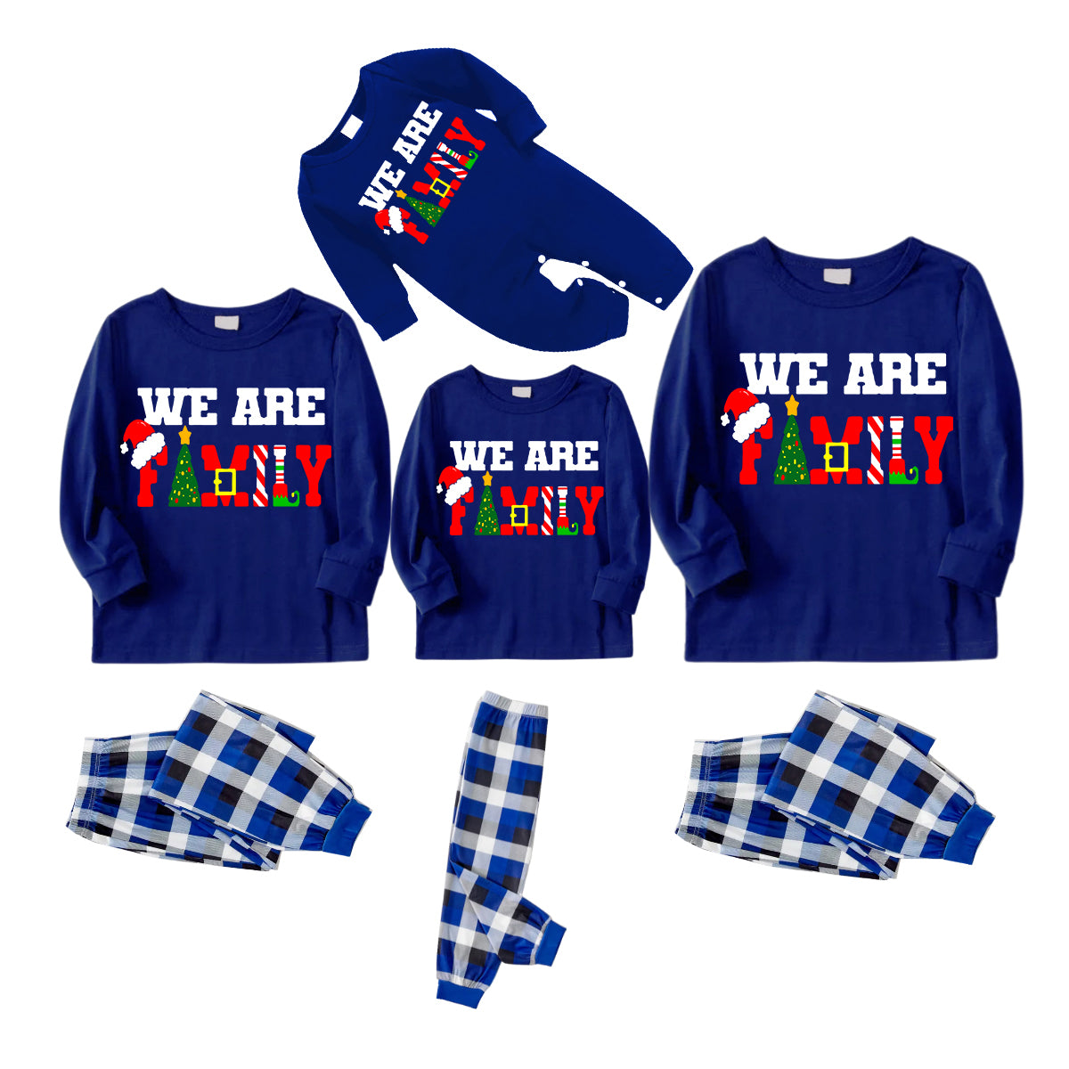 2024 "We Are Family" Christmas Prints Contrast Blue Long Sleeve with Blue and White Plaid Pants Family Matching Pajamas