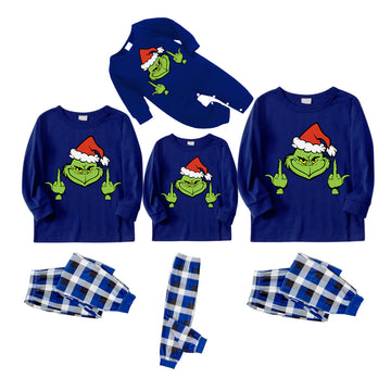 Christmas Green Cartoon Character With Santa Hat Pattern Print Blue Top And Blue & White Pants Family Matching Pajamas