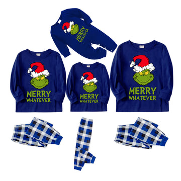 Wear Santa Hat Green Elf Cartoon Pattern "Merry Christmas" Lettering Print Contrast Blue Long Sleeve with Versatile Blue and White Plaid Pants Family Matching Pajamas