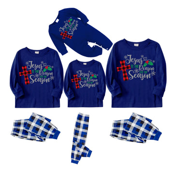 Christmas "Jesus is the Reason of the Season" Letter Print Patterned Blue Long Sleeves with Blue&White&Black Plaid Pants Family Matching Pajamas