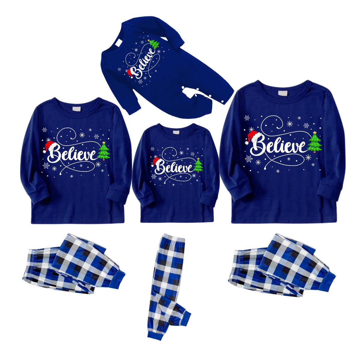 "Believe" in Snowflakes Blue Long Sleeves with Blue&White&Black Plaid Pants Family Matching Pajamas