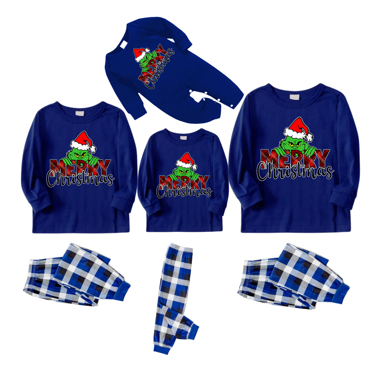 "Merry Christmas" Letter Print 2024 Green Elf Cartoon Pattern Contrast Navy Blue Long Sleeve with Blue and White Plaid Pants Family Matching Pajamas