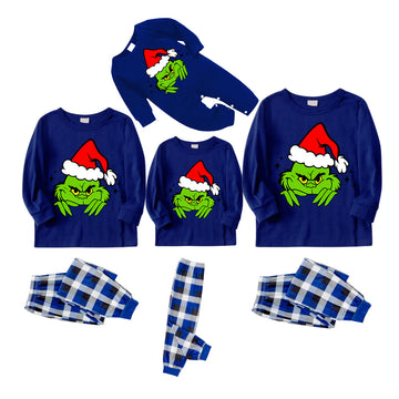 Christmas Cute Green Cartoon Pattern 2024 Blue Long Sleeves with Blue&White&Black Plaid Pants Family Matching Pajamas