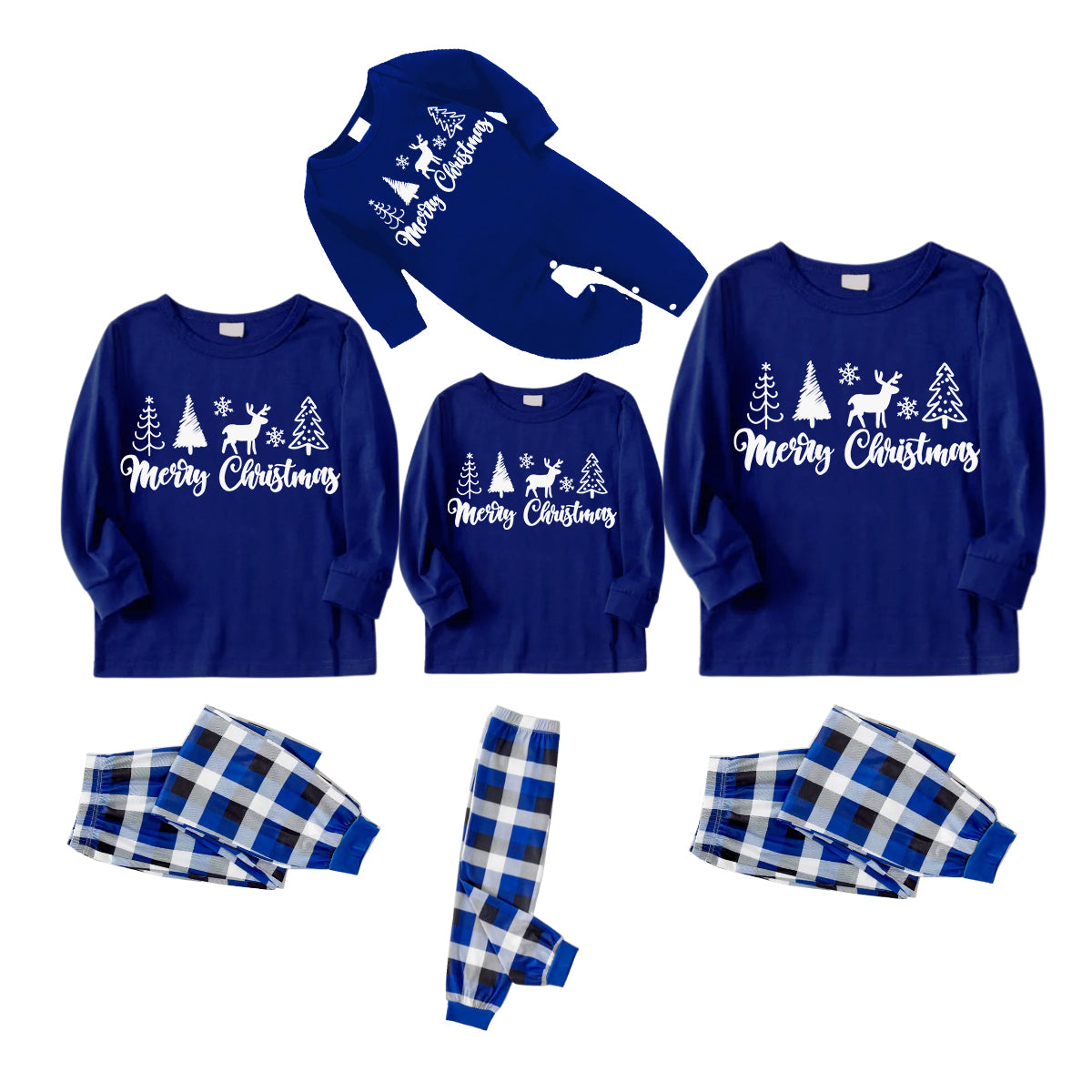 White Christmas Tree and Elk "Merry Christmas" Monogram Print 2024 Blue Long Sleeves with Blue&White&Black Plaid Pants Family Matching Pajamas