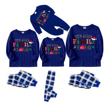 2024"We Are Family" Colorful Monogram Prints Contrast Blue Long Sleeve with Versatile Blue and White Plaid Pants Family Matching Pajamas