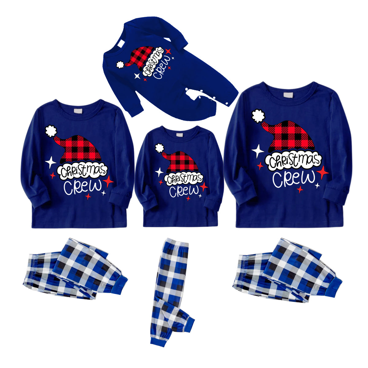 Plaid Santa Hat Pattern 2024 Blue Long Sleeves with Blue&White&Black Plaid Pants Family Matching Pajamas