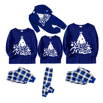 "Merry Christmas" Anamorphic Font Blue Long Sleeves with Blue&White&Black Plaid Pants Family Matching Pajamas