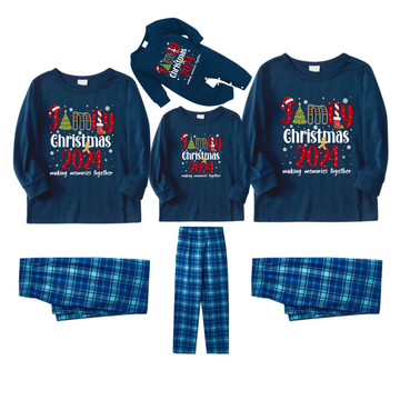 Snowflake and "Family Christmas 2024" Printed Blue Plaid Christmas Matching Pajamas