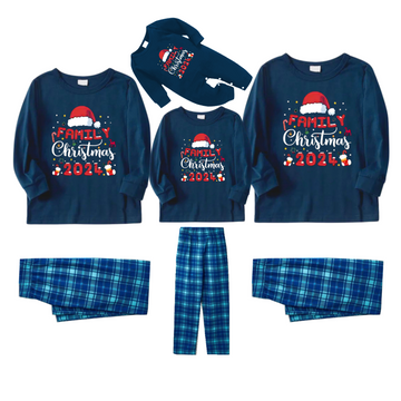 Cute "Family Christmas 2024" and Santa Hat Pattern Printed Blue Plaid Christmas Matching Pajamas