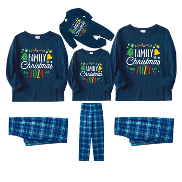 Christmas Pattern and "Family Christmas 2024" Printed Blue Plaid Christmas Matching Pajamas