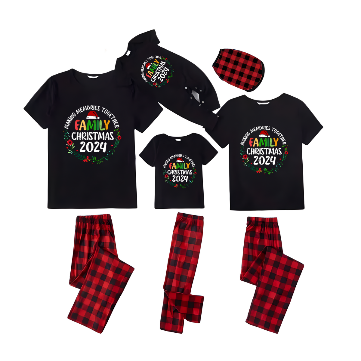 "Family Christmas 2024 Making Memories Together" Pattern Ⅱ- Black Short Sleeve with Red & Black Plaid Pant Family Matching Pajamas