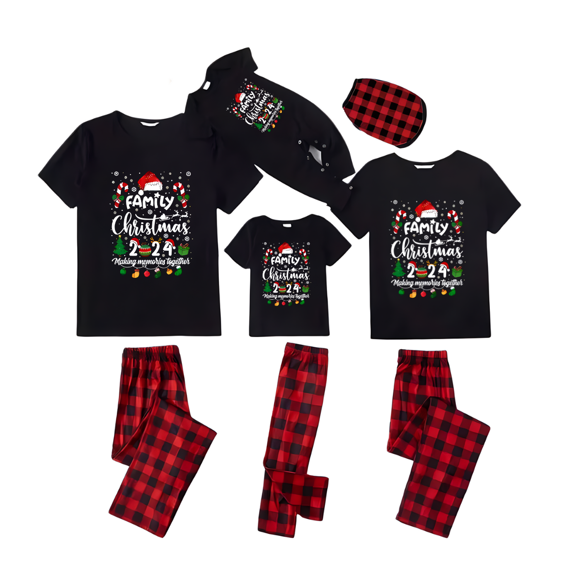 "FAMILY CHRISTMAS 2024 Making Memories Together" with Various Christmas Decorations - Black Short Sleeve with Red & Black Plaid Pant Family Matching Pajamas