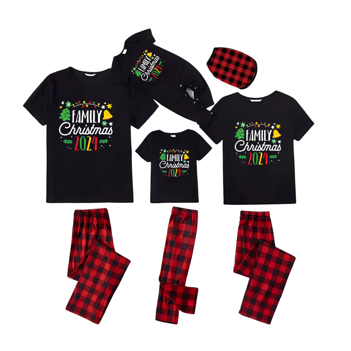 "Family Christmas 2024" Pattern Ⅰ- Black Short Sleeve with Red & Black Plaid Pant Family Matching Pajamas