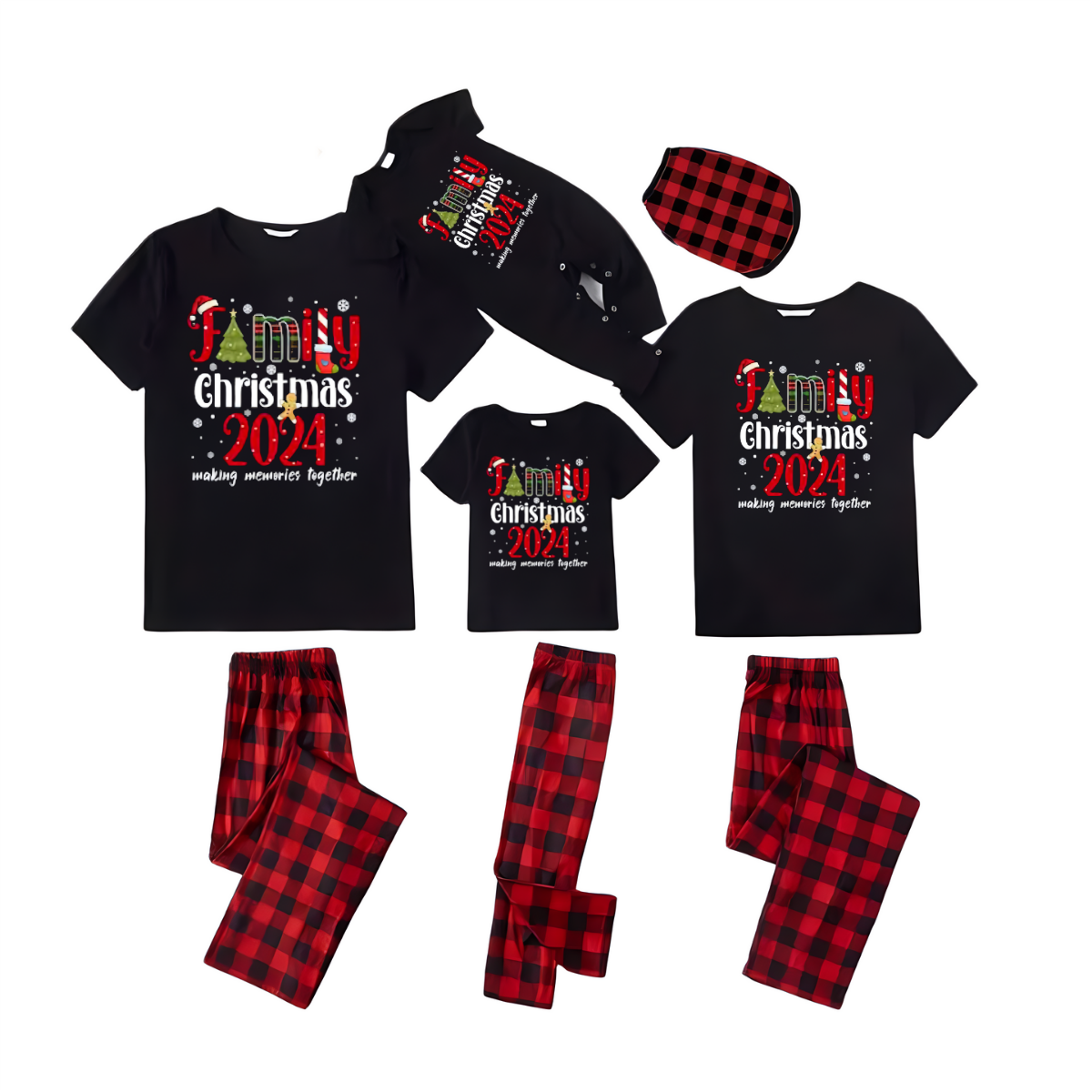 "Family Christmas 2024 Making Memories Together" Pattern Ⅲ- Black Short Sleeve with Red & Black Plaid Pant Family Matching Pajamas