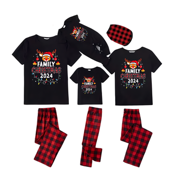 "Family Christmas 2024" with Elk Pattern- Black Short Sleeve with Red & Black Plaid Pant Family Matching Pajamas