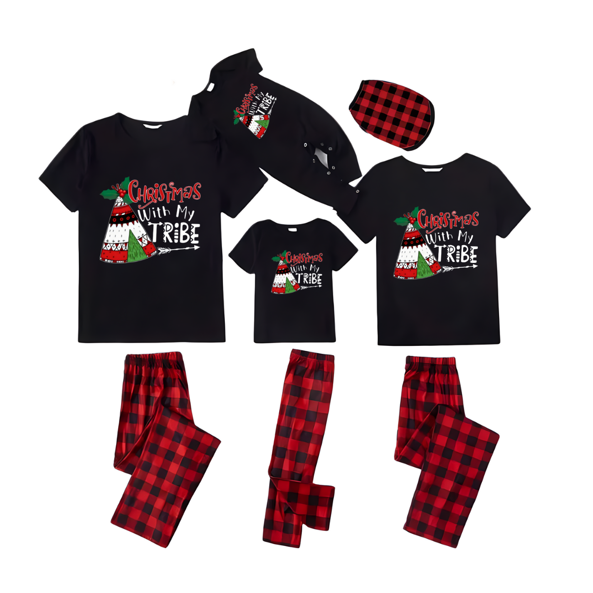 "Christmas With My Tribe" Pattern Ⅰ - Black Short Sleeve with Red & Black Plaid Pant Family Matching Pajamas