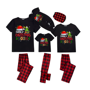 "Family Christmas 2024" with Santa Hat and Christmas Tree Pattern Black Short Sleeve with Red & Black Plaid Pant Family Matching Pajamas