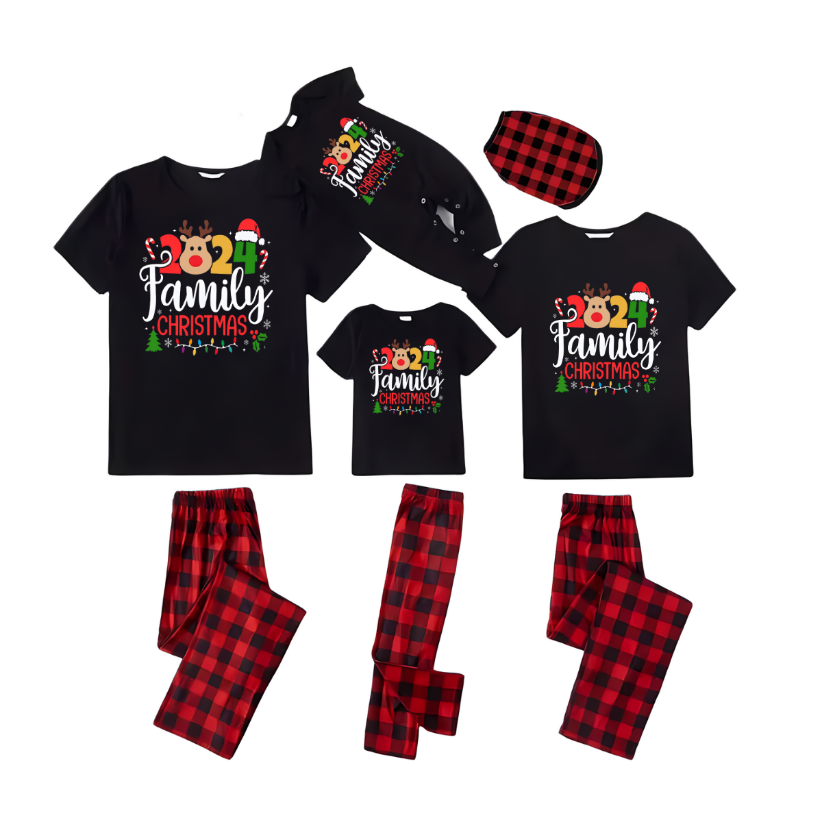 "Family Christmas 2024" Text and Deer Prints Black Short Sleeve with Red & Black Plaid Pant Family Matching Pajamas