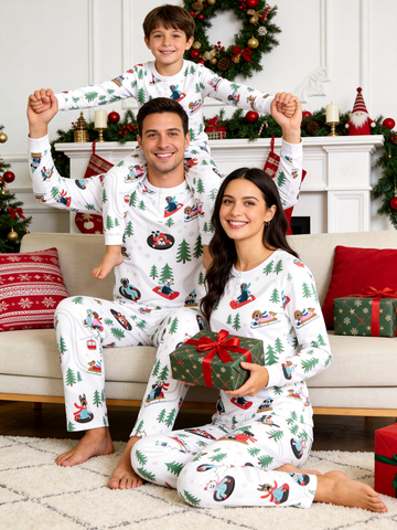 Cute Winter Dogs Sledding Two-Piece Henley Neck Matching Family Christmas Pajamas