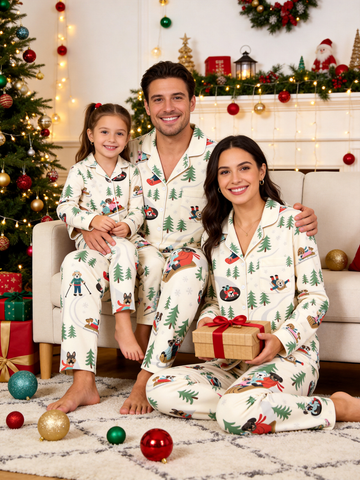Cozy Winter Dog Sledding Print Family Matching Pajama Set, Long Sleeve Button-Down Sleepwear