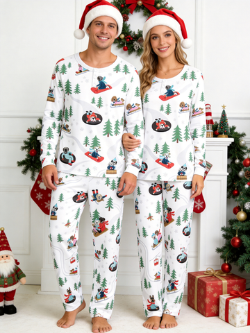 Cute Winter Dogs Sledding Two-Piece Henley Neck Matching Couple Christmas Pajamas