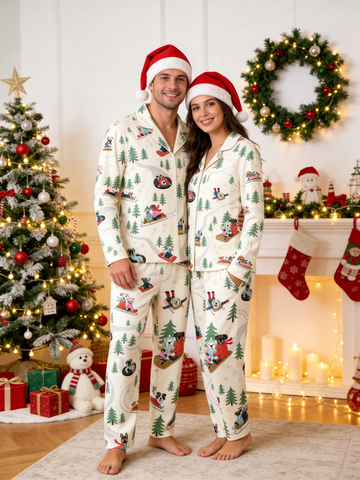 Cozy Winter Dog Sledding Print Couple Matching Pajama Set, Long Sleeve Button-Down Sleepwear