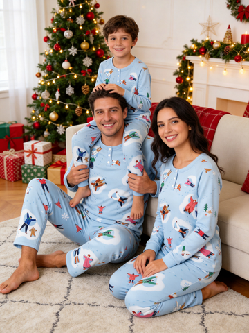 Cozy Snow Angels Print Two-Piece Henley Neck Holiday Family Sleepwear Set