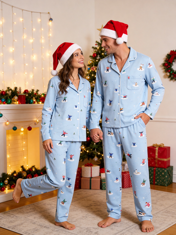 Whimsical Snowman & Winter Fun Pattern Matching Couple Sleepwear