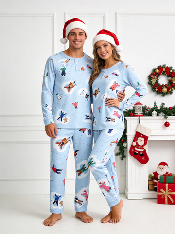 Cozy Snow Angels Print Two-Piece Henley Neck Holiday Couple Sleepwear Set