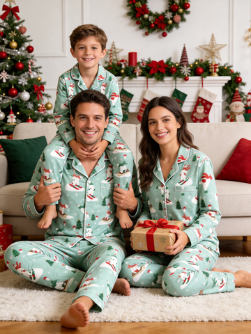 Cozy Mint Polar Bear Skiing Matching Family Christmas Pajamas Set