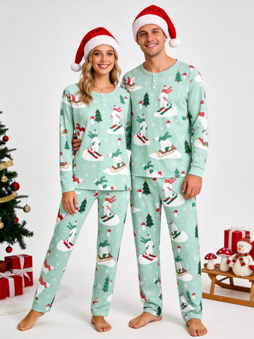 Festive Skiing Polar Bear & Pine Tree Two-Piece Henley Neck Couple PJs