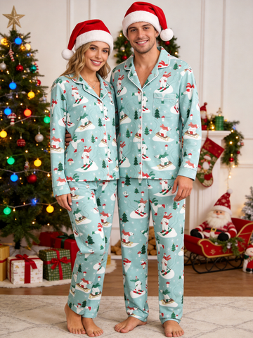 Cozy Mint Polar Bear Skiing Matching Couple Christmas Pajamas Set