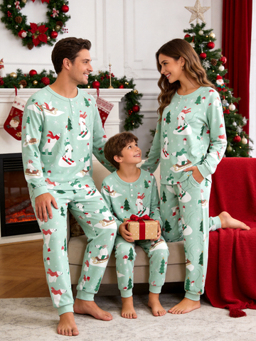 Festive Skiing Polar Bear & Pine Tree Two-Piece Henley Neck Family PJs