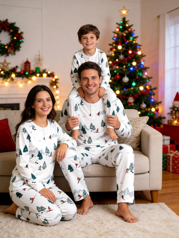 Winter Snowy Mountain Skiers Print Two-Piece Henley Neck Family Matching Pajamas