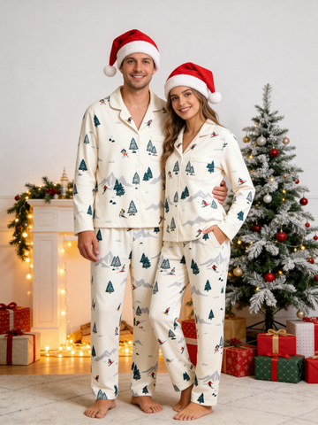 Retro Alpine Ski Lodge & Snowy Mountains Neutral Holiday Couple Pajamas