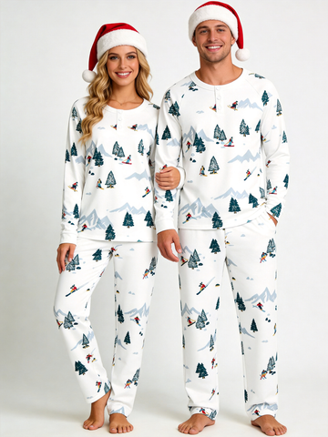 Winter Snowy Mountain Skiers Print Two-Piece Henley Neck Couple Matching Pajamas