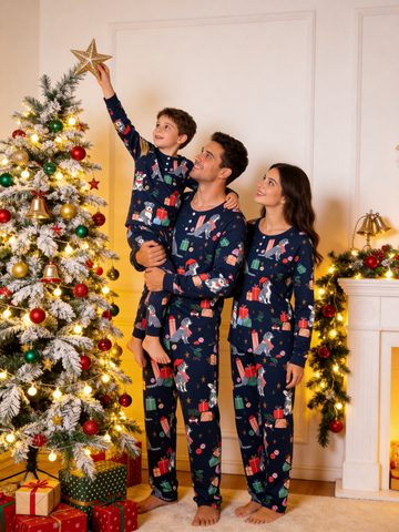 Festive Christmas Dogs with Gifts Two-Piece Henley Neck Matching Family Sleepwear