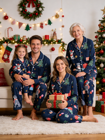 Festive Navy Christmas Dogs & Gift Boxes Matching Holiday Sleepwear
