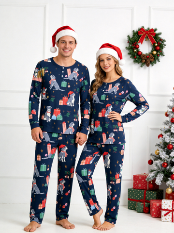 Festive Christmas Dogs with Gifts Two-Piece Henley Neck Matching Couple Sleepwear