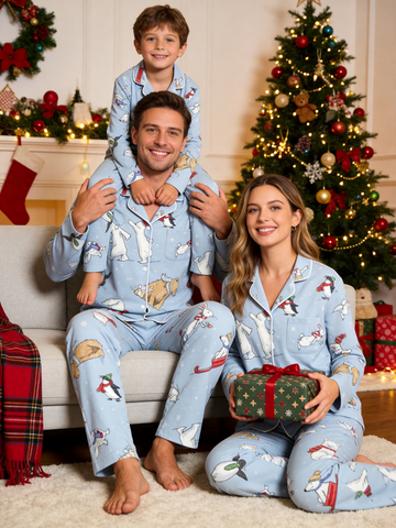 Whimsical Winter Animals & Snowflakes Soft Blue Family Pajama Set
