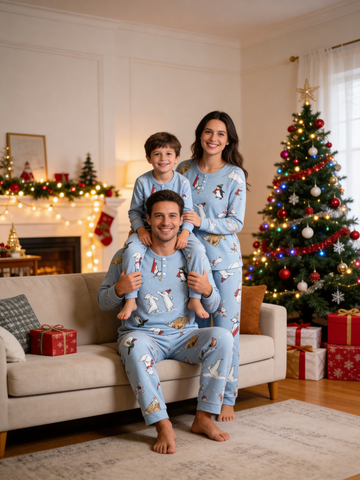 Whimsical Winter Animals & Sled Two-Piece Henley Neck Holiday Family Pajamas