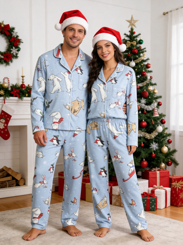 Whimsical Winter Animals & Snowflakes Soft Blue Couple Pajama Set