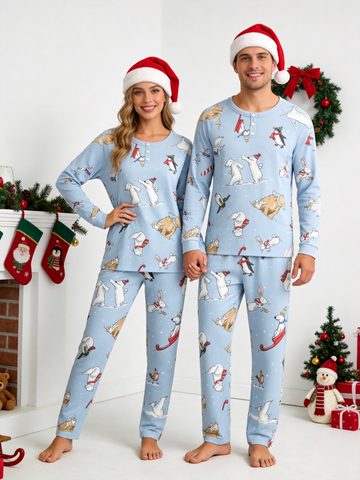 Whimsical Winter Animals & Sled Two-Piece Henley Neck Holiday Couple Pajamas