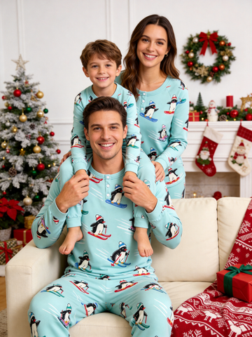 Cute Skiing Penguins Winter Two-Piece Henley Neck Holiday Family PJs Set