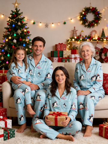 Cute Christmas Penguins Skiing & Sliding Matching Family Sleepwear