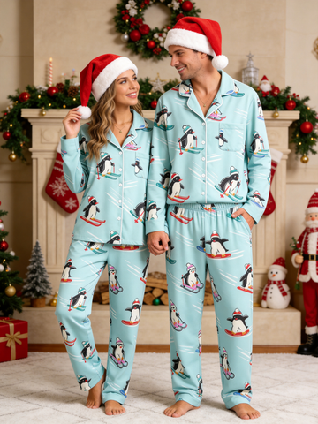 Cute Christmas Penguins Skiing & Sliding Matching Couple Sleepwear