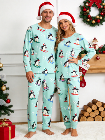 Cute Skiing Penguins Winter Two-Piece Henley Neck Holiday Couple PJs Set