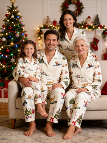 Chic Oatmeal Winter Dogs Skiing & Trees Holiday Family Pajamas